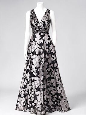 BA Nites Foil Crinkle V-Neck Evening Gown